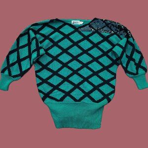 Vintage 80s Teal Black Geometric Sweater Black Sequins Dolman sleeves size L